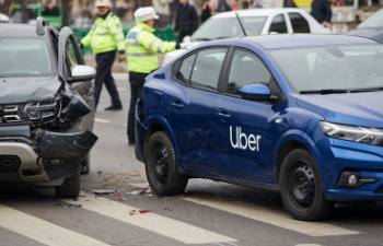 Two cars, including a blue Uber vehicle, involved in a collision at a crosswalk. Police officers are present at the scene.