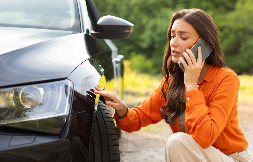 A woman in an orange shirt kneels beside a black car, talking on a phone and examining a scratch on the vehicle.