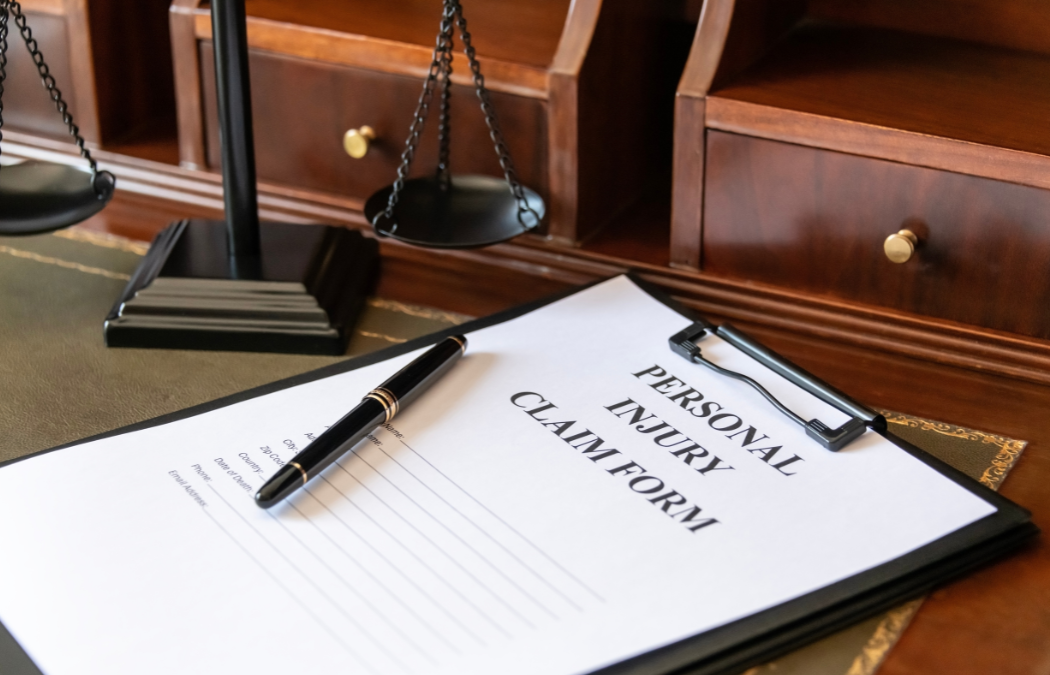 A clipboard with a personal injury claim form and pen on a desk, scales of justice in the background.